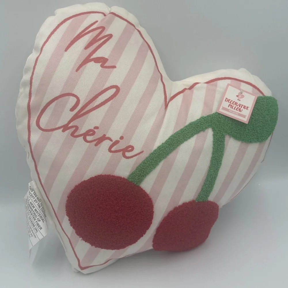 Ma Cherie Textured Cherries & Heart Shaped Pink & White Accent Pillow 14